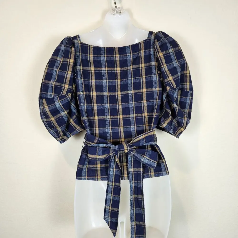 Madewell Sweetheart Wrap Top XS Plaid Tartan Puff Sleeve Blouse Cotton NG875 NWT